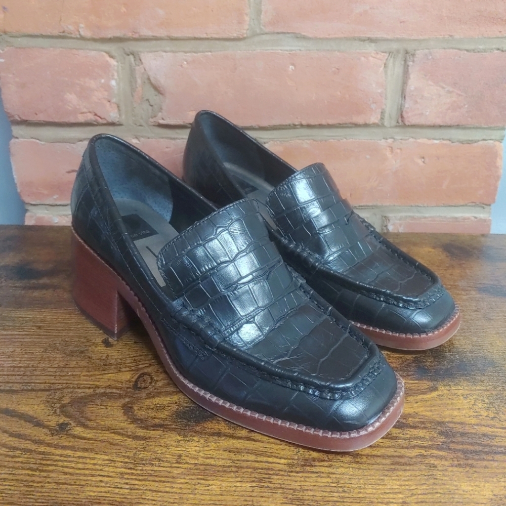 Dolce Vita Talie Heeled Penny Loafers In Black Croc Print Leather Size 7 US